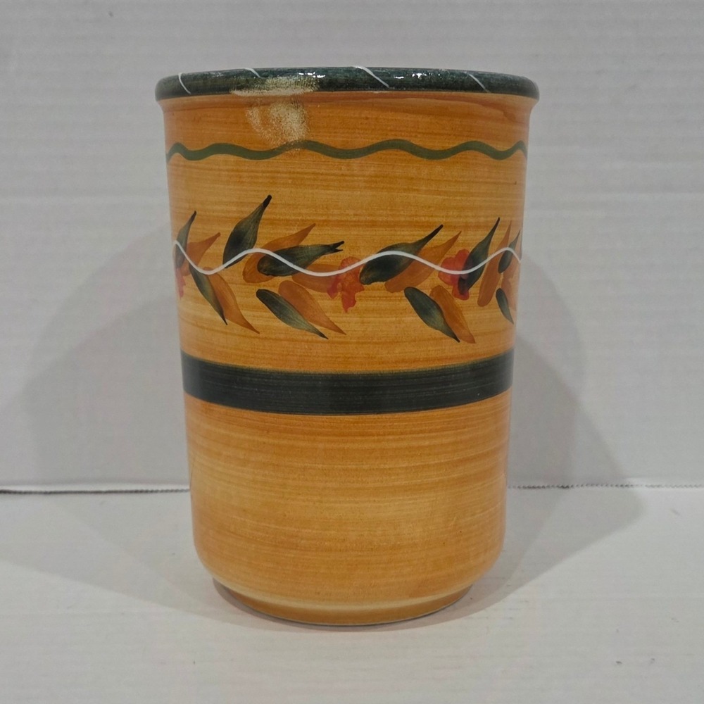 Furio Home Italy Handmade Ceramic Utensil Holder Crock Hand Painted Leaf Yellow